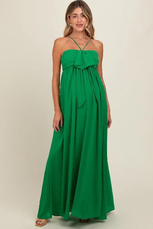 Green Pleated Front Tie Side Slit Maternity Maxi Dress Fashionable High-Low Maxi Dress