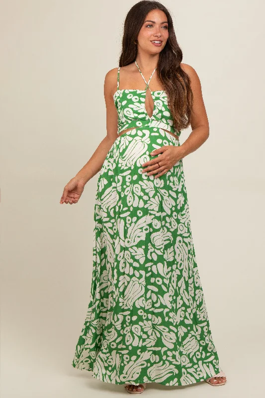 Green Printed Halter Cut-Out Maternity Maxi Dress Elegant Maxi Dress with Lace