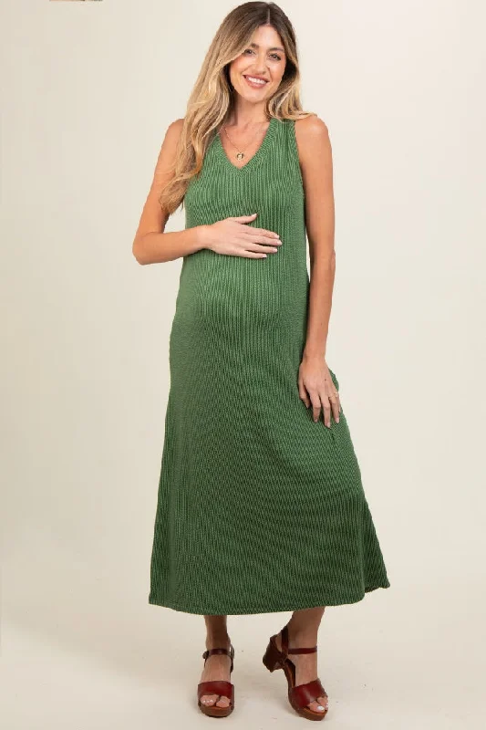 Green Sleeveless Ribbed Maternity Maxi Dress Classic Strapless Maxi Dress