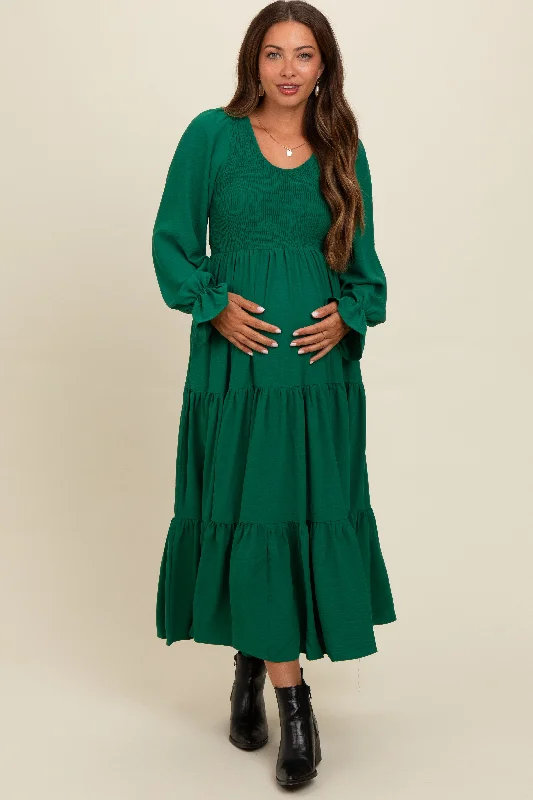 Green Smocked Tiered Long Sleeve Maternity Maxi Dress Comfortable Plunging Neckline Maxi Dress