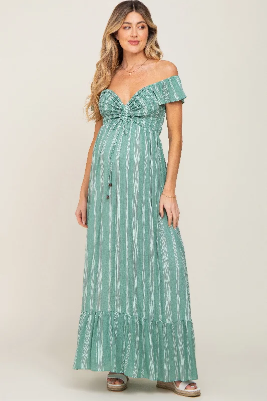 Green Striped Off Shoulder Front Tie Maternity Maxi Dress Comfortable Bohemian Maxi Dress