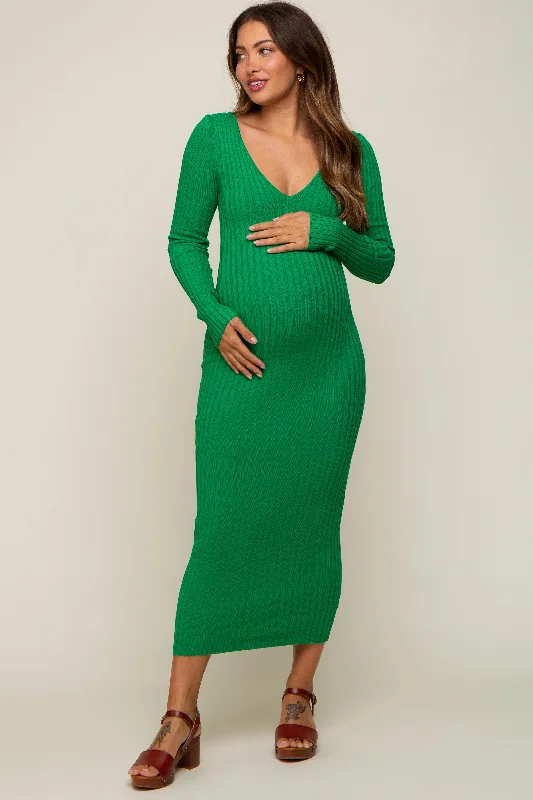 Green V-Neck Long Sleeve Fitted Maternity Maxi Dress Elegant Maxi Dress with Drapes