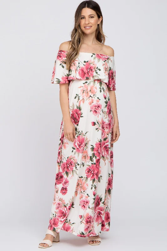 Ivory Floral Off Shoulder Flounce Maternity Maxi Dress Trendy Short Sleeve Maxi Dress