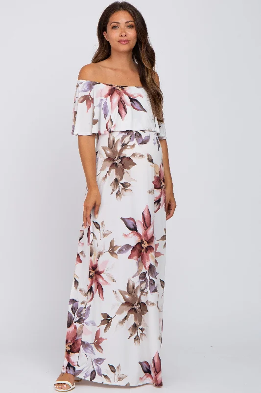 Ivory Floral Off Shoulder Maternity Maxi Dress Cozy Knit Maxi Dress