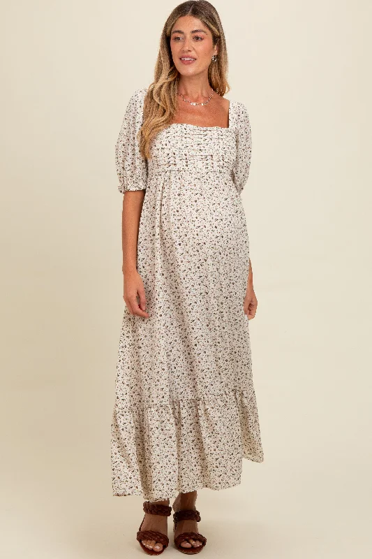 Ivory Floral Pleated Bodice Maternity Maxi Dress Comfortable Pleated Maxi Dress