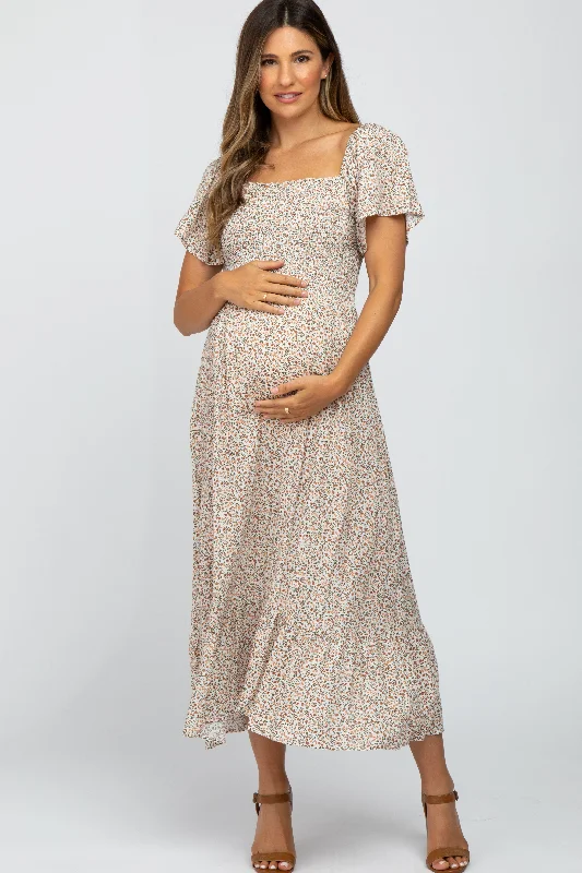 Ivory Floral Smocked Maternity Maxi Dress Elegant Lace-Up Maxi Dress