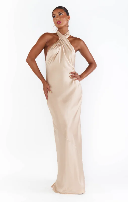 Jasmine Halter Maxi Dress ~ Champagne Luxe Satin Elegant Maxi Dress with Pockets