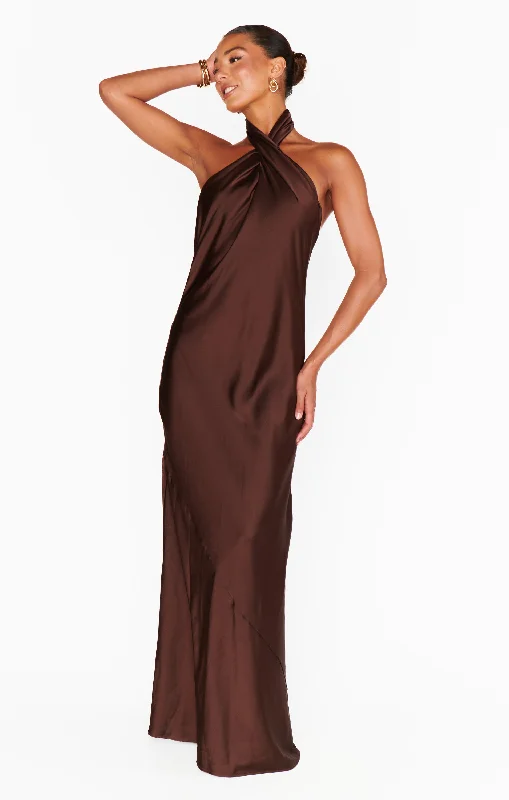 Jasmine Halter Maxi Dress ~ Chocolate Luxe Satin Fashionable Asymmetrical Maxi Dress