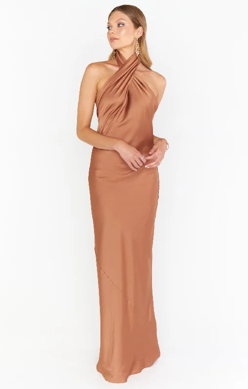 Jasmine Halter Maxi Dress ~ Copper Luxe Satin Stylish Longline Maxi Dress