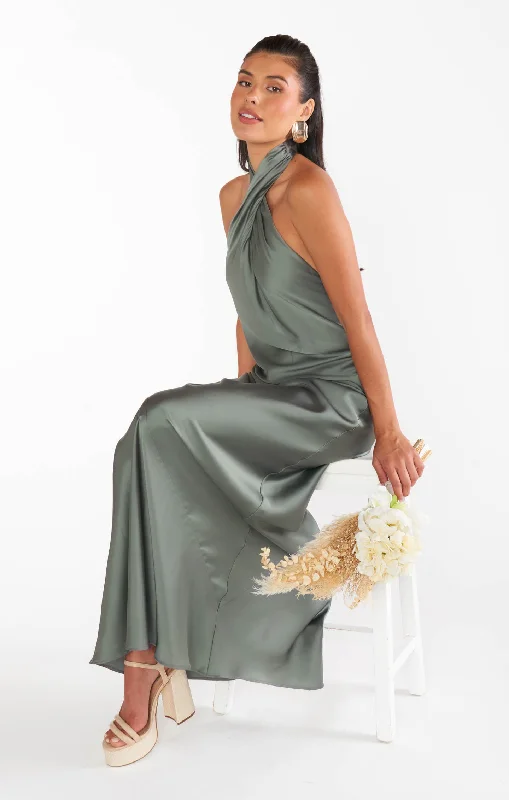 Jasmine Halter Maxi Dress ~ Deep Sage Luxe Satin Comfortable Maxi Dress with Belt