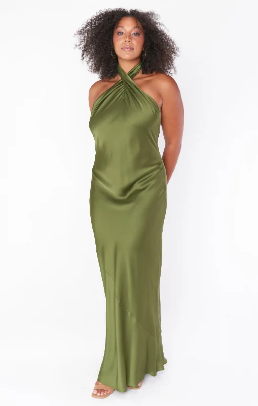 Jasmine Halter Maxi Dress ~ Rich Olive Luxe Satin Comfortable Maxi Dress with Sleeves