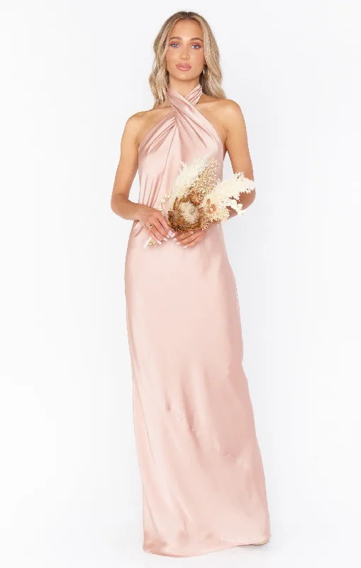 Jasmine Halter Maxi Dress ~ Rose Gold Luxe Satin Classic Tulle Maxi Dress