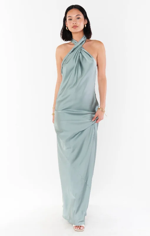 Jasmine Halter Maxi Dress ~ Silver Sage Luxe Satin Classic Tulle Maxi Dress