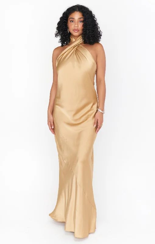 Jasmine Halter Maxi Dress ~ True Gold Luxe Satin Trendy Off-Shoulder Ruffle Maxi Dress