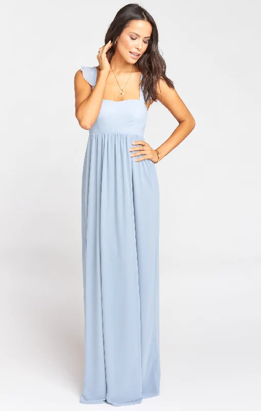 June Maxi Dress ~ Steel Blue Chiffon Fashionable Maxi Dress with Fringe