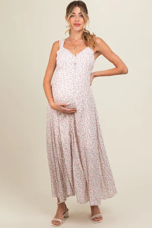 Lavender Floral Button Down Maternity Maxi Dress Comfortable T-Shirt Maxi Dress