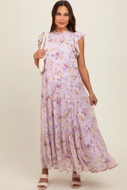 Lavender Floral Chiffon Ruffle Shoulder Tiered Maternity Maxi Dress Fashionable Printed Maxi Dress