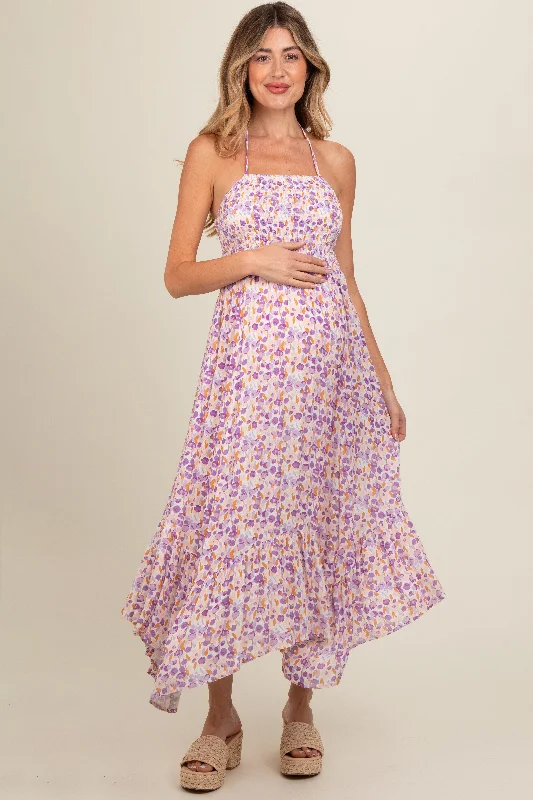 Lavender Floral Smocked Halter Flowy Maternity Maxi Dress Classic V-Neck Maxi Dress