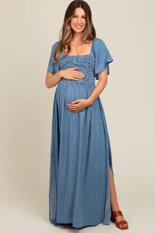 Light Blue Chambray Smocked Maternity Maxi Dress Comfortable Ruffle Maxi Dress