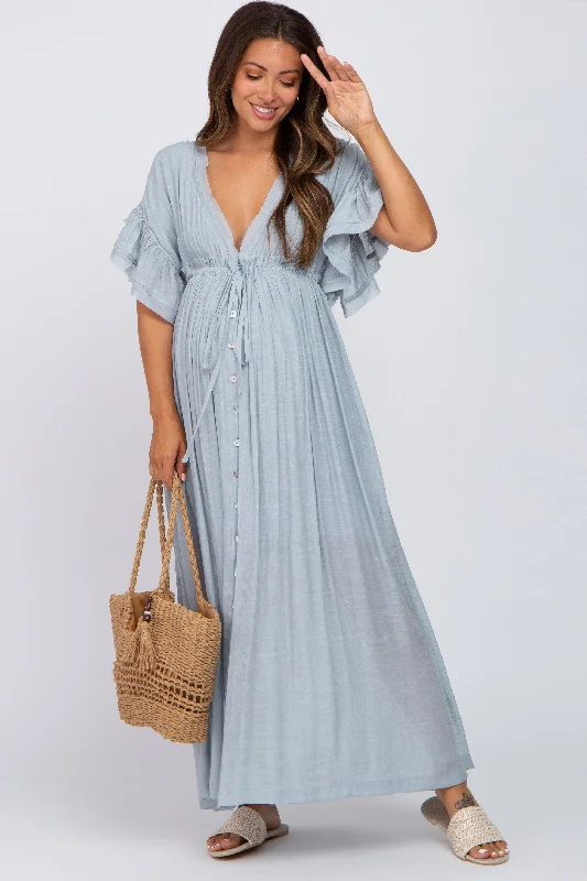 Light Blue Deep V-Neck Button Down Maternity Maxi Dress Trendy Floral Print Maxi Dress