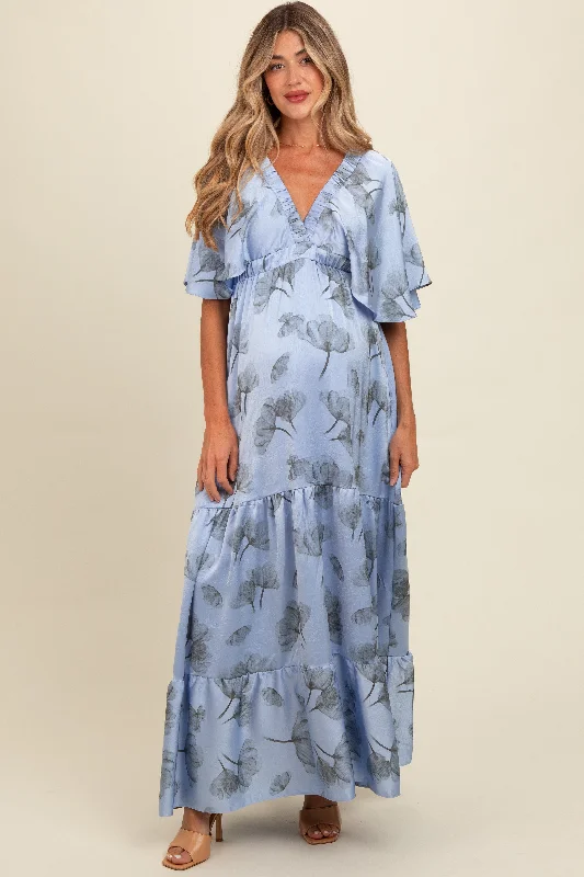 Light Blue Floral Deep V-Neck Maternity Maxi Dress Stylish One-Shoulder Maxi Dress