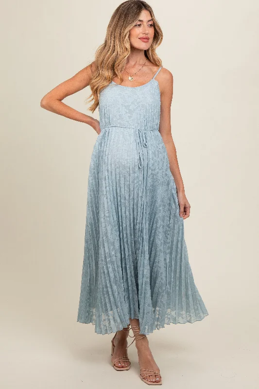 Light Blue Floral Pleated Maternity Maxi Dress Comfortable Fit-and-Flare Maxi Dress