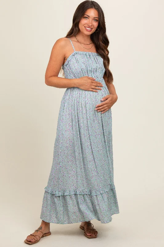 Light Blue Floral Ruffle Square Neck Smocked Waist Maternity Maxi Dress Stylish Maxi Dress with Frills