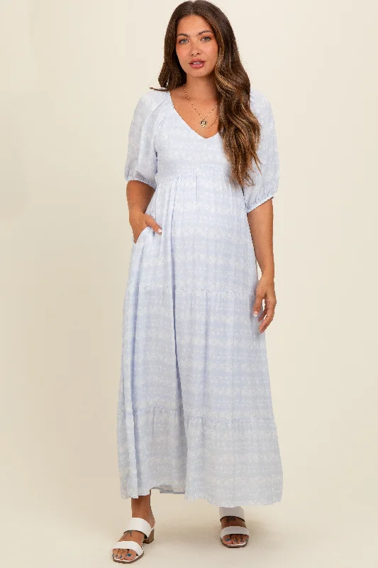 Light Blue Floral Tiered Maternity Maxi Dress Chic Button-Up Maxi Dress