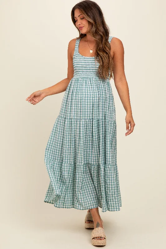 Light Blue Plaid Tiered Maternity Maxi Dress Chic Off-Shoulder Maxi Dress