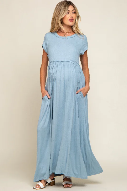 Light Blue Short Sleeve Pocketed Maternity Maxi Dress Stylish Maxi Dress with Frills