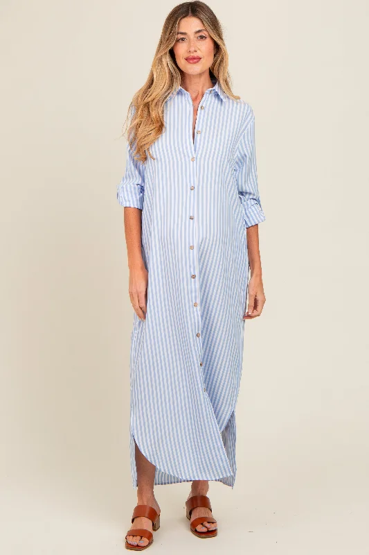 Light Blue Striped Button Down Maternity Maxi Dress Cozy Maxi Dress with Slit