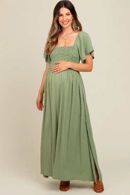 Light Olive Chambray Smocked Maternity Maxi Dress Stylish V-Neck Maxi Dress