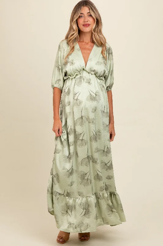 Light Olive Floral Chiffon Ruffle Accent Maternity Maxi Dress Comfortable Cotton Maxi Dress