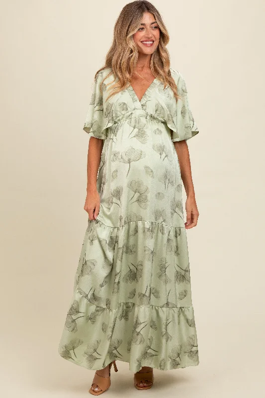 Light Olive Floral Deep V-Neck Maternity Maxi Dress Trendy Fit-and-Flare Maxi Dress