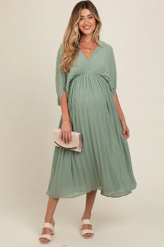 Light Olive Pleated V Neck Maternity Maxi Dress Trendy Maxi Dress with Belt