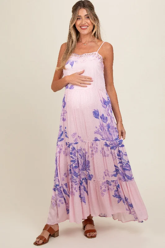 Light Pink Floral Lace Loose Fit Maternity Maxi Dress Stylish Boho Maxi Dress