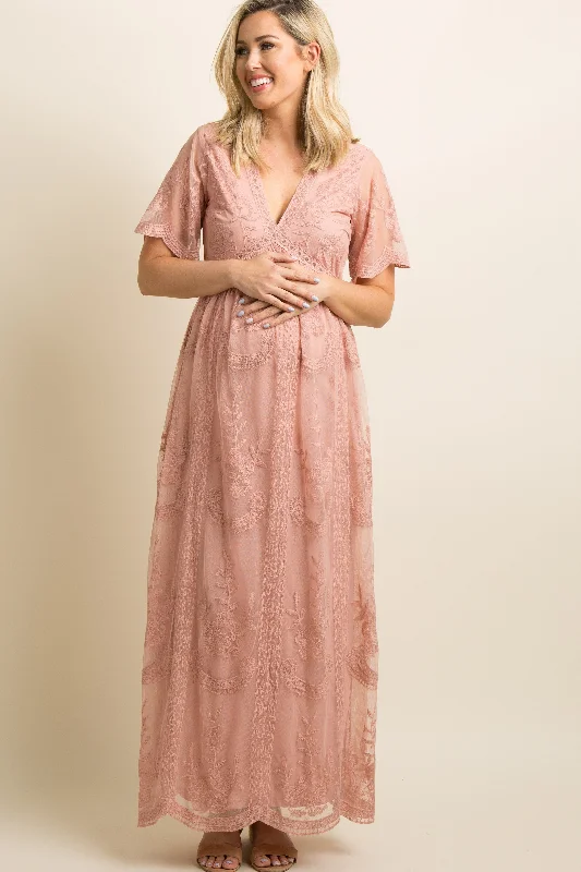 Light Pink Lace Mesh Overlay Maternity Maxi Dress Cozy Ribbed Maxi Dress