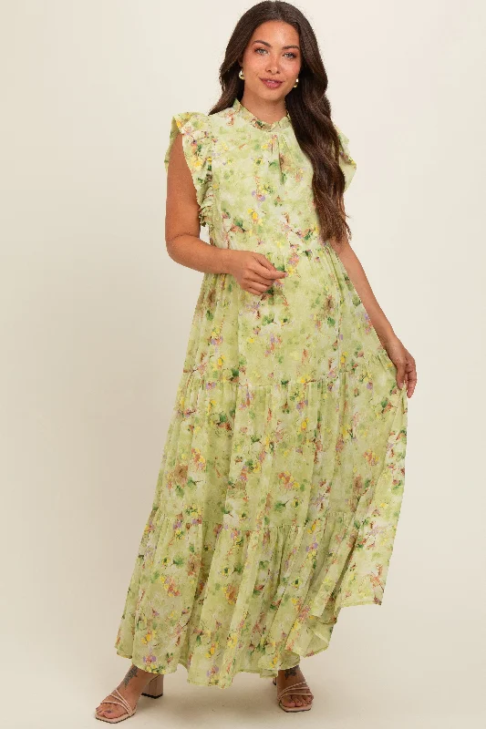 Lime Floral Chiffon Ruffle Shoulder Tiered Maternity Maxi Dress Cozy Cold-Shoulder Maxi Dress