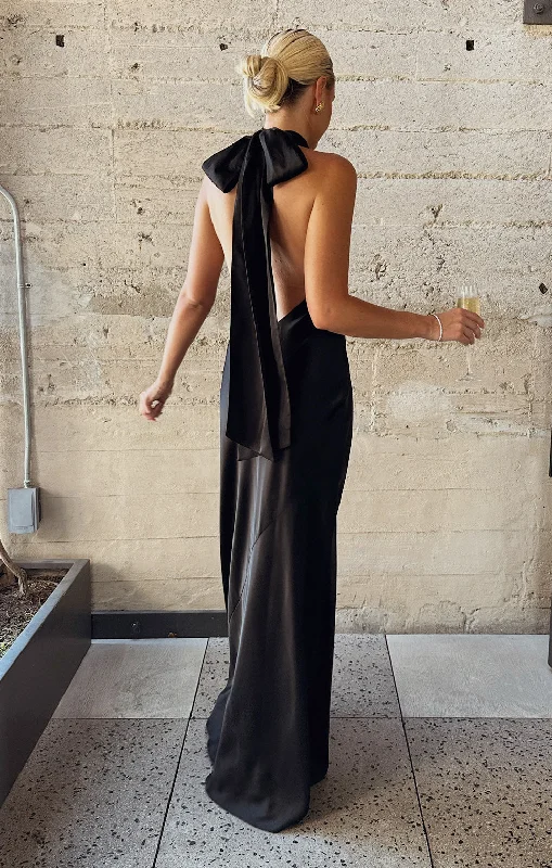 Lisa Maxi Dress ~ Black Luxe Satin Fashionable Sheer Maxi Dress