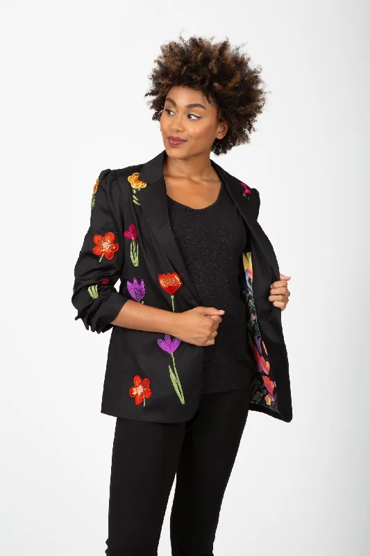 Bright Blooms Black Jacket Trench Coat Raincoat Waterproof Jacket