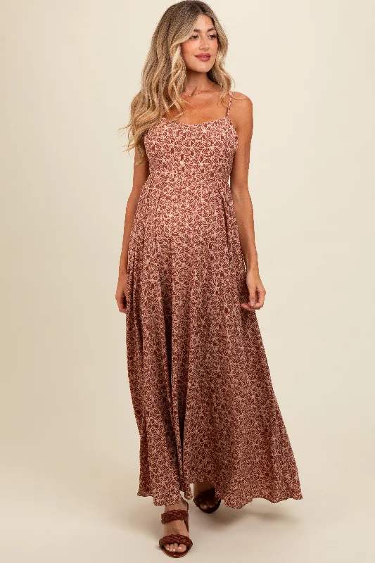 Mauve Floral Cutout Tie Back Maternity Maxi Dress Casual Maxi Dress with Pockets