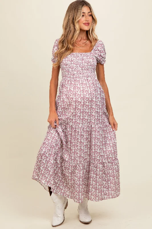 Mauve Floral Puff Sleeve Smocked Maternity Maxi Dress Chic Boho Print Maxi Dress