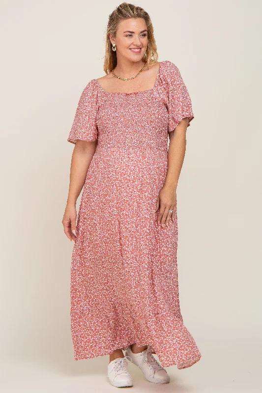 Mauve Floral Smocked Flounce Sleeve Maternity Plus Maxi Dress Elegant Tiered Maxi Dress