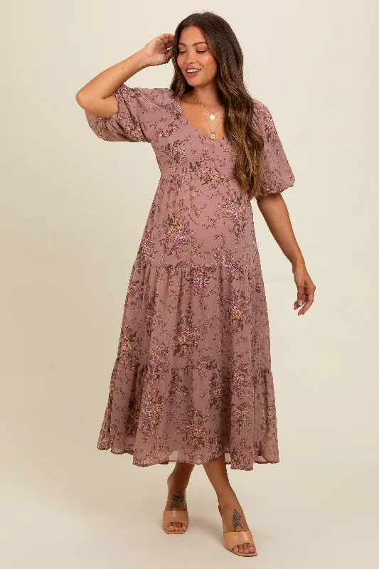 Mauve Floral Tiered Puff Sleeve Maternity Maxi Dress Trendy Maxi Dress with Belt