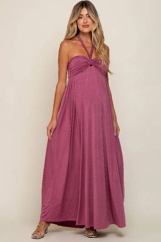 Mauve Front Knot Halter Maternity Maxi Dress Stylish Empire Waist Maxi Dress