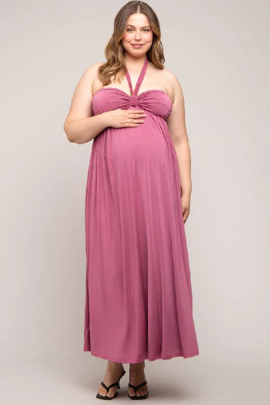 Mauve Front Knot Halter Maternity Plus Maxi Dress Cozy Wrap Maxi Dress