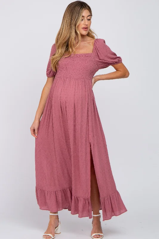 Mauve Swiss Dot Square Neck Smocked Maternity Maxi Dress Trendy Maxi Dress with Belt