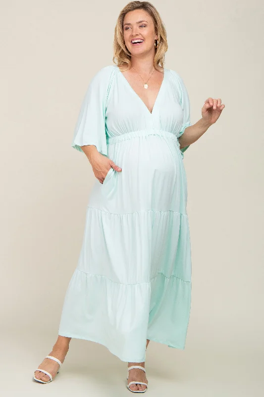 Mint Green Deep V-Neck Tiered Maternity Plus Maxi Dress Elegant Maxi Dress with Ruffles