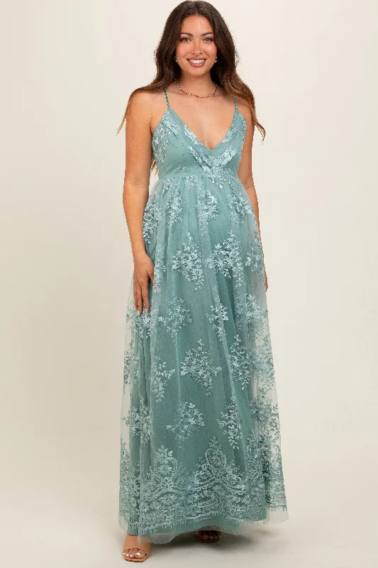 Mint Green Floral Lace Overlay Maternity Maxi Dress Comfortable Maxi Dress with Belt