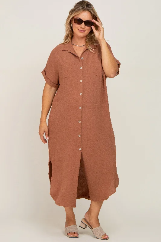 Mocha Button Down Hi Low Maternity Plus Maxi Dress Stylish Boho Maxi Dress